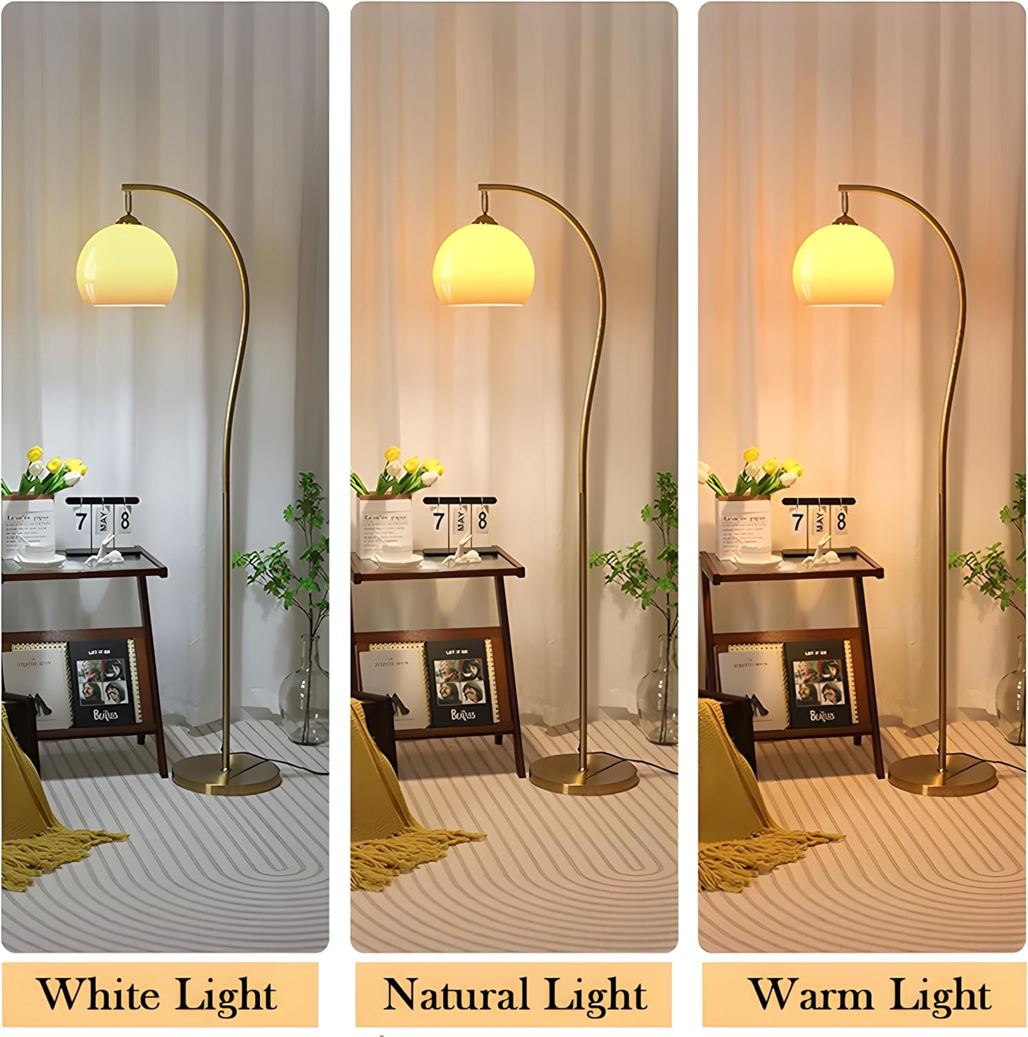Bofea-Arc Floor Lamps for Living Room Gold Floor Lamp with Orange Glass Shade,3 Color Temperatures,Orange Tall Reading Light with Foot Switch，Ambient Lighting Lamps Mid Century Arch Lamp for Bedroom
